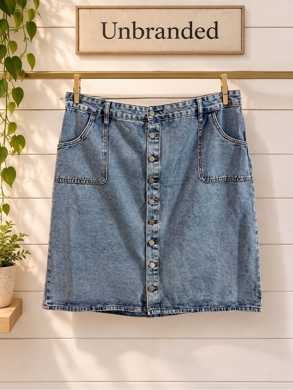 Denim Button Front Skirt Light Wash 3X